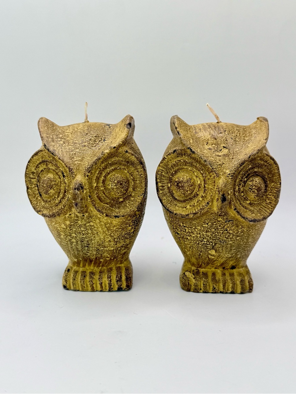 Vintage Set of 2 MCM Owl Candles Brown & Gold Mid-Century Modern Retro Decor
